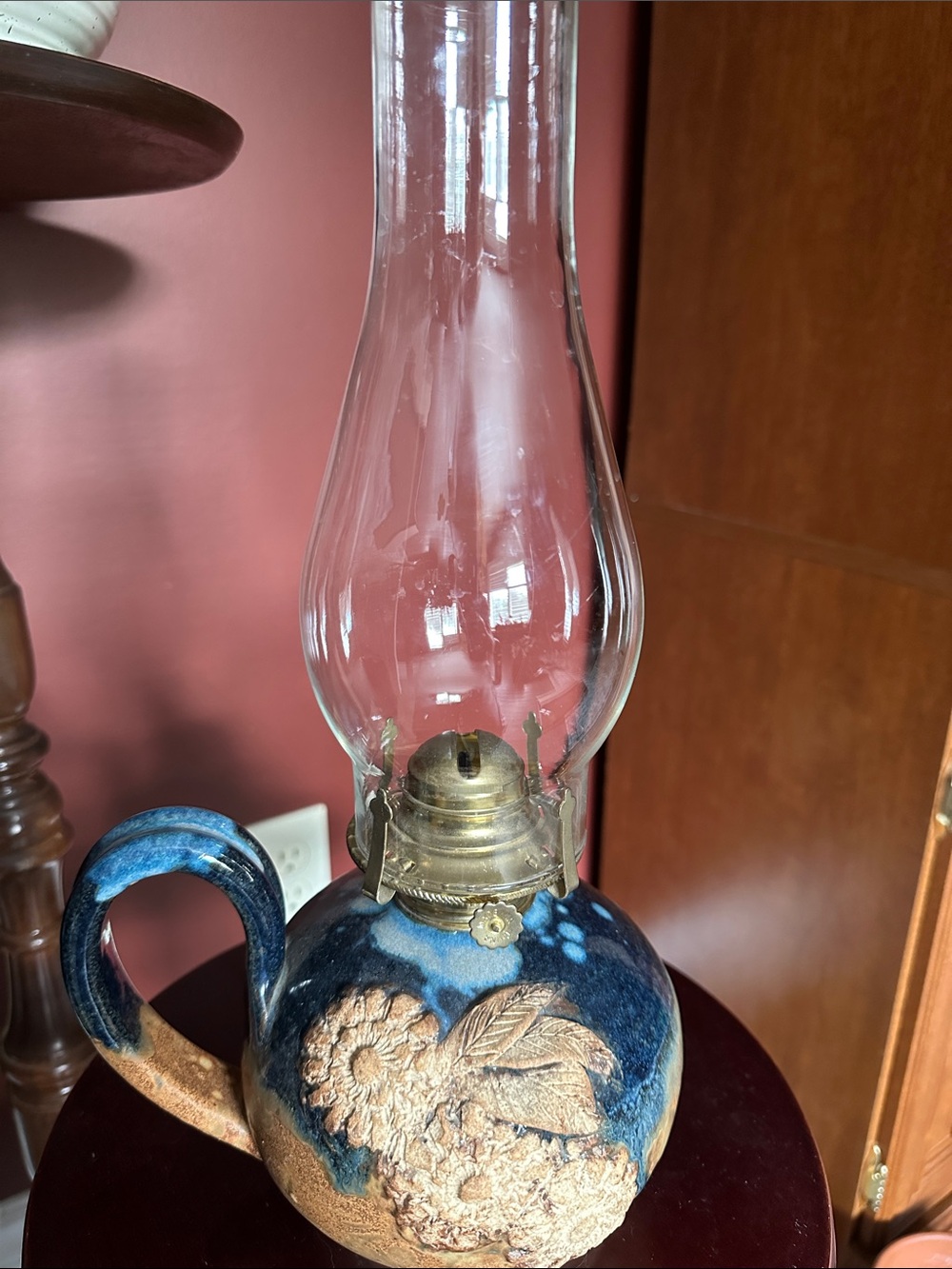 Blue and Tan Ceramic Oil Lantern with Clear Chimney